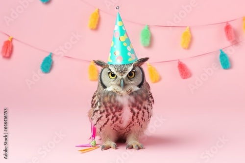 Funny Owl with Hat: Bright Pastel Animal Illustration for Cards and Banners, Birthday Party Invitation, Advertisement