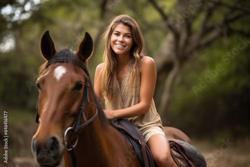 an attractive young woman sitting on a horse and smiling at the camera