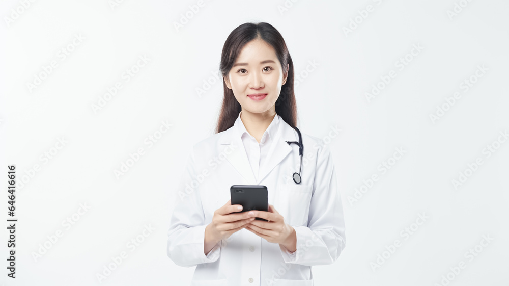 Young asian female doctor, therapist holding mobile phone, answer patients messages on healthcare app, standing over white background.
Young asian female doctor, therapist holding mobile phone, answer patients messages on healthcare app, standing over white background.