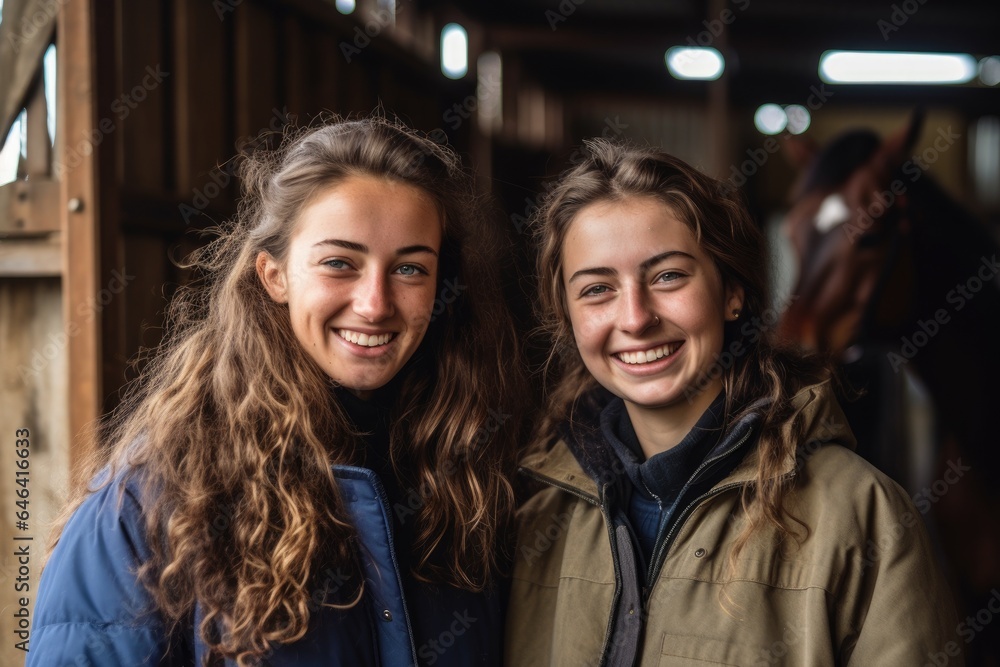 two young women smiling and enjoying their time at the stables two young women smiling and enjoying their time at the stables