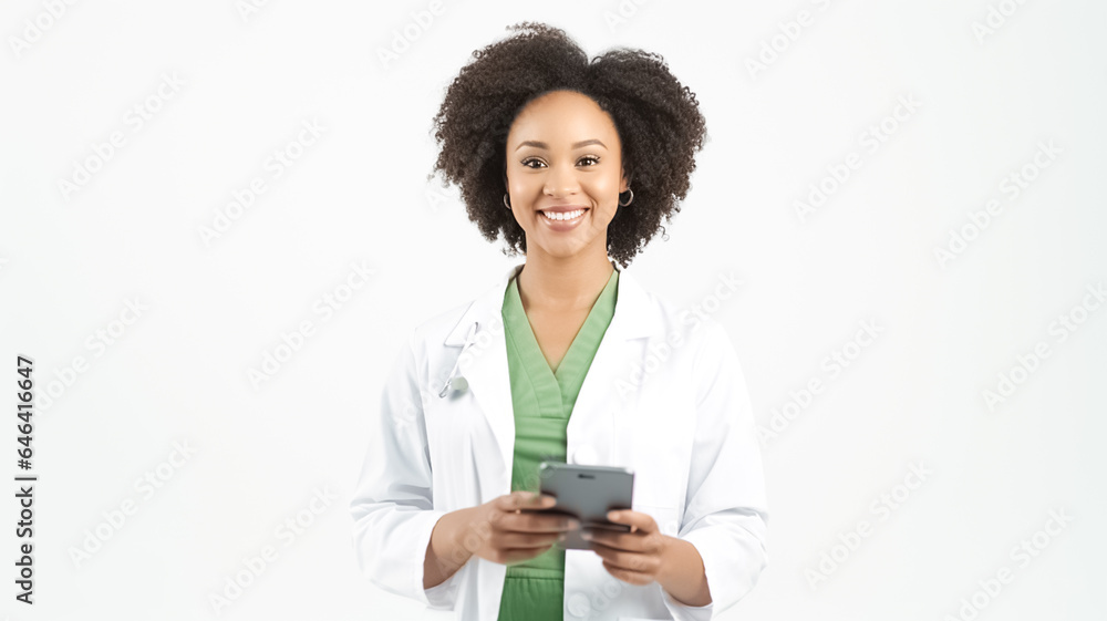 Young african american female doctor, therapist holding mobile phone, answer patients messages on healthcare app, standing over white background. Young african american female doctor, therapist holding mobile phone, answer patients messages on healthcare app, standing over white background.