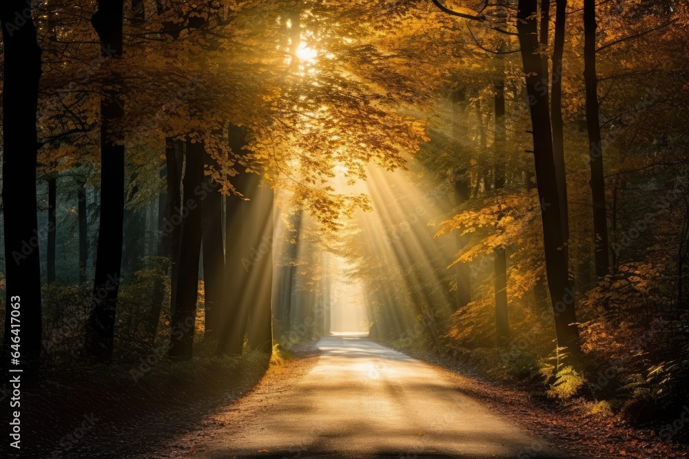 Forest road and the rays of the sun shine through the autumn leaves of the trees