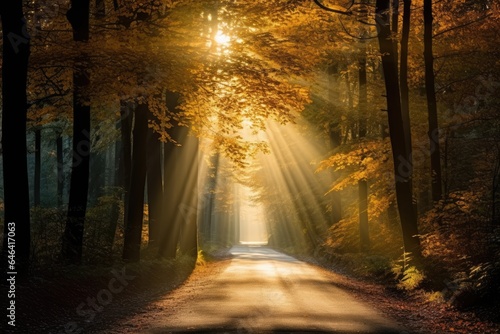 Forest road and the rays of the sun shine through the autumn leaves of the trees