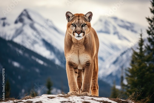 Cougar on a rocky mountain range with trees in the background