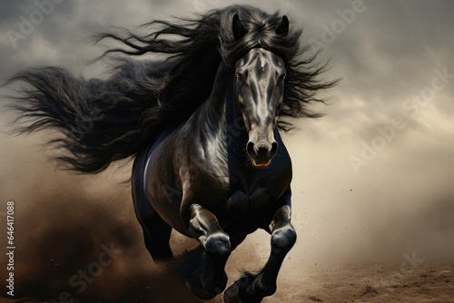 Black friesian stallion running