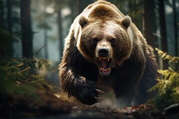 Roaring bear in the forest