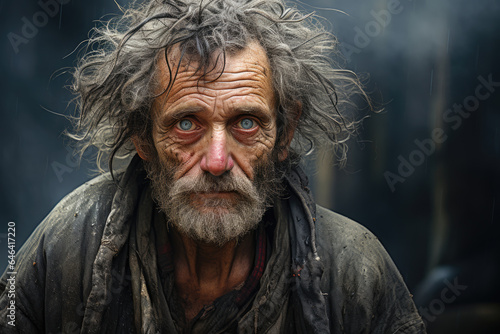 Beggar homeless man, concept of poverty, unemployment, hunger