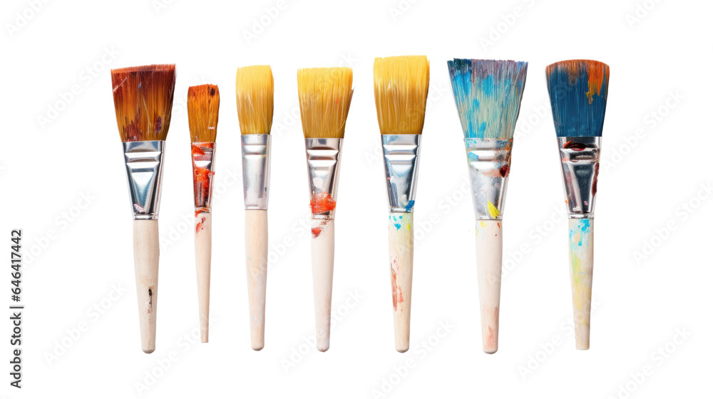 Many used brushes with paint residues, painting equipment, isolated - obrazy, fototapety, plakaty 