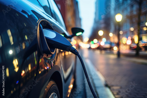 Electric car charging from a charging station close-up