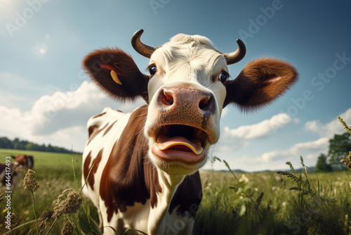 Portrait of a cow in a pasture against the backdrop of a green valley