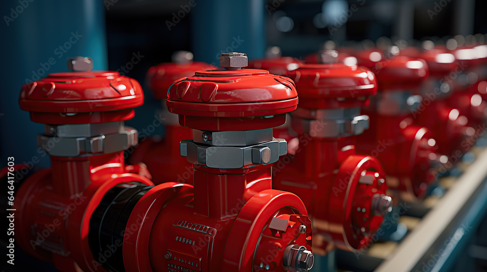 Red-handled valves positioned along a line. - obrazy, fototapety, plakaty 