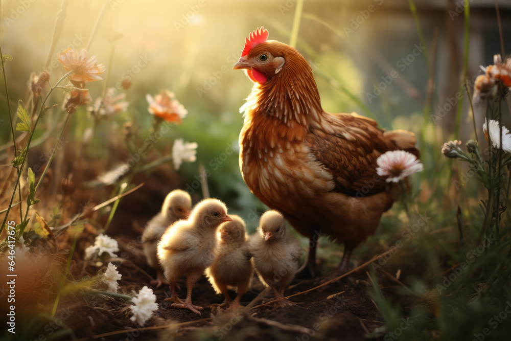 hen walks with her chicks