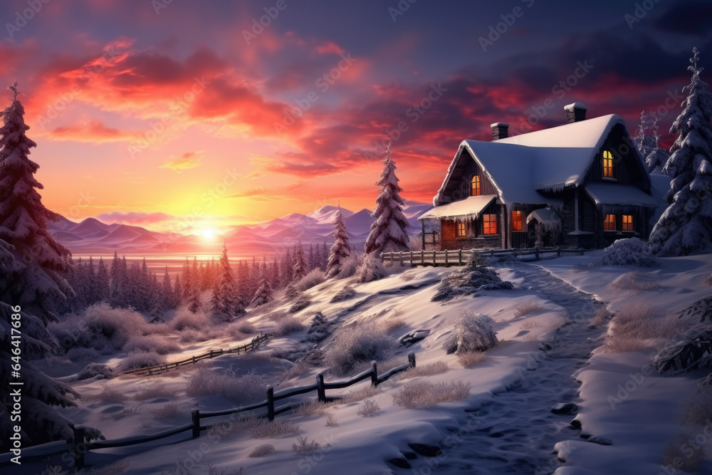House in a picturesque forested mountain area in winter House in a picturesque forested mountain area in winter