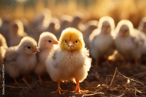 Little chickens graze outside on the grass on a sunny day