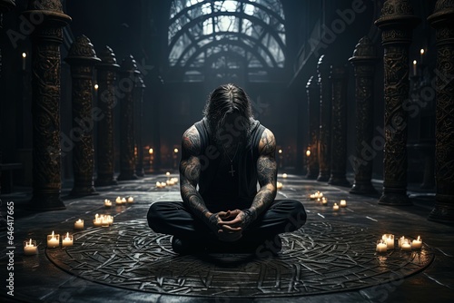 Man Sit Meditating in Dark Room