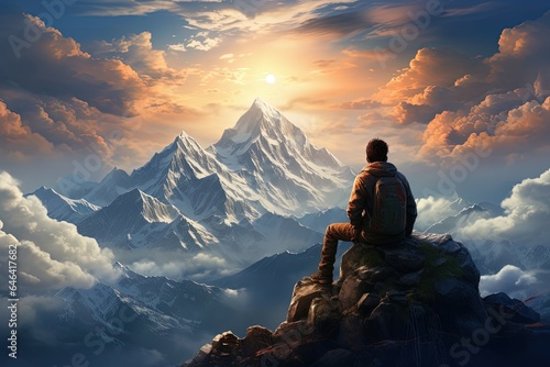 person Sitting in Top of mountain