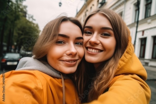 friends, selfie and hug outdoor in a city for vacation, travel or relax