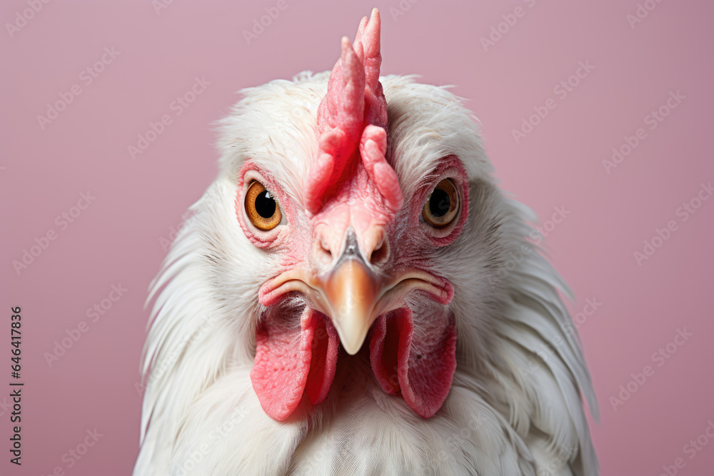 Portrait of an adult chicken on a pink background