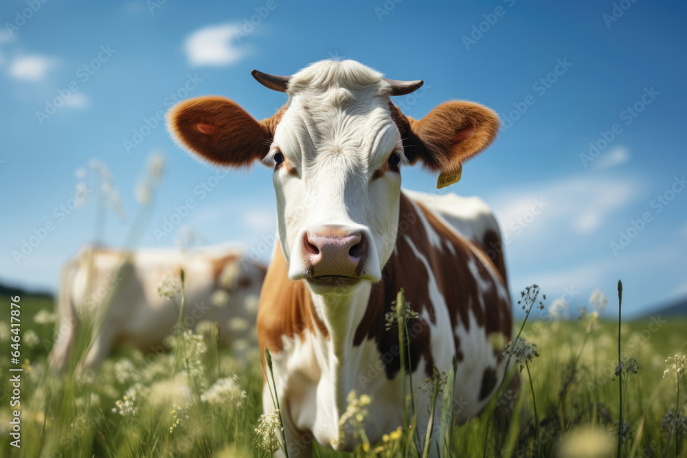 Portrait of a cow in a pasture against the backdrop of a green valley