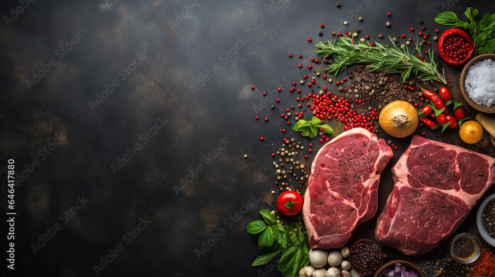 From a top view, meat and herbs are displayed on a dark background.