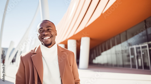 Portrait photography of a cheerful african american man wearing a chic cardigan against a modern architectural background.
