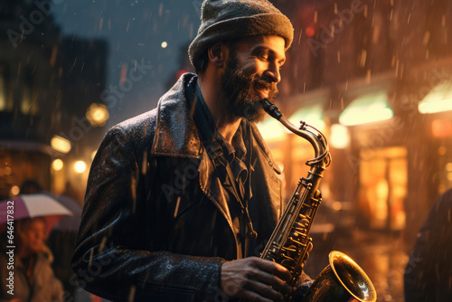 A street musician plays jazz saxophone against the backdrop of a night city