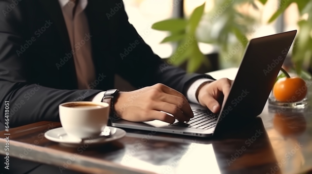 Businessman in black suit working, typing on laptop computer, surfing the internet on table at office, Business man connecting the internet, networking at workplace, business background - obrazy, fototapety, plakaty 
