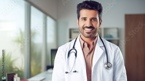 Portrait of happy friendly male Indian latin doctor medical worker wearing white coat with stethoscope standing in modern clinic. Medical healthcare concept.
