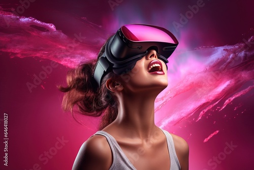  woman is wearing a virtual reality headset and is laughing