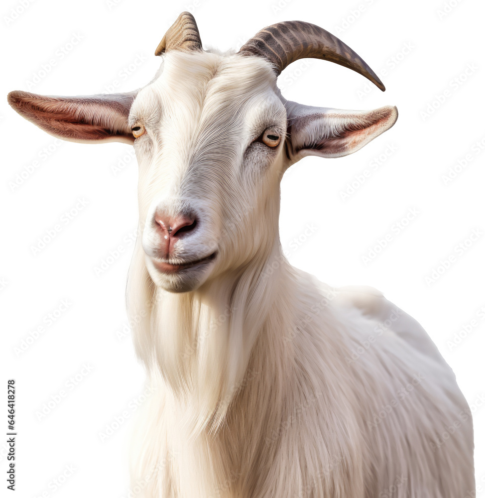 Portrait of a horned white domestic goat isolated on a transparent background Portrait of a horned white domestic goat isolated on a transparent background