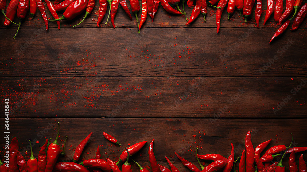 A flat lay arrangement with fresh chili peppers, providing space for text against a wooden backdrop. - obrazy, fototapety, plakaty 