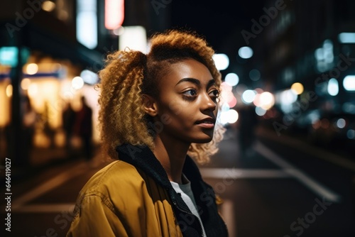 shot of a young woman in the city at night