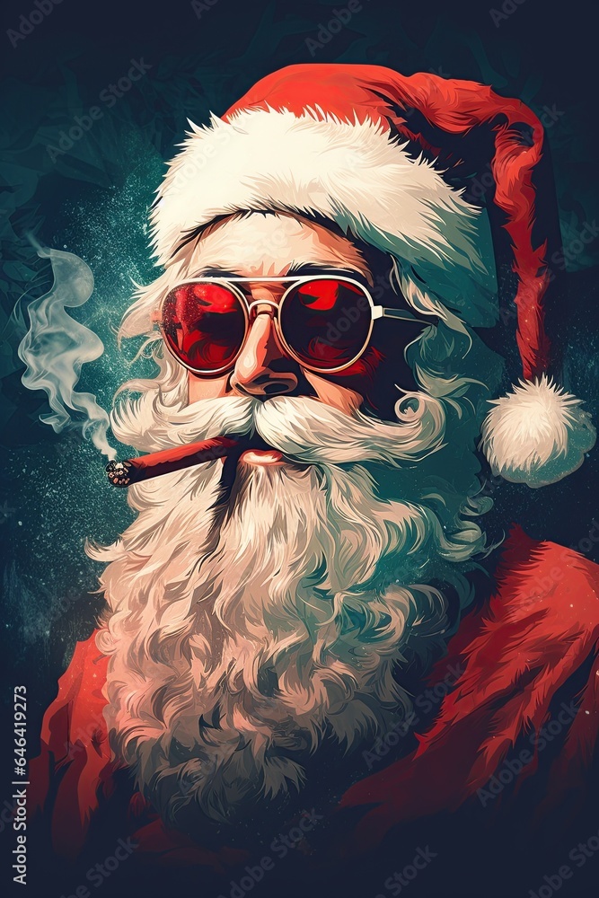 Santa Claus smoking a cannabis joint. Christmas concept art. Illustrated poster design. Generative Ai - obrazy, fototapety, plakaty 