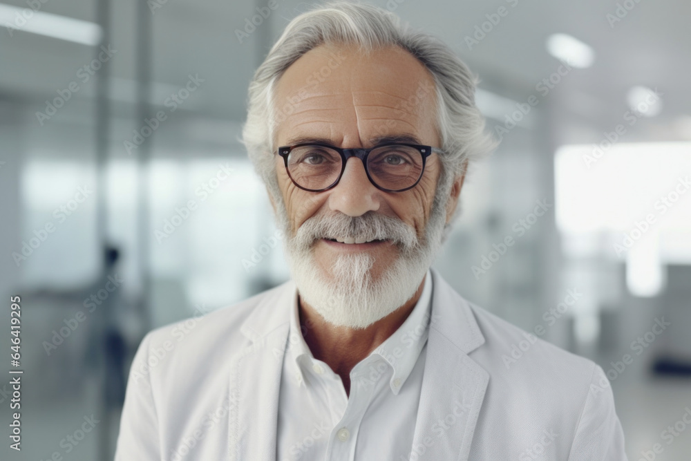 Friendly Grey Haired and Bearded Doctor Posing in Office Friendly Grey Haired and Bearded Doctor Posing in Office