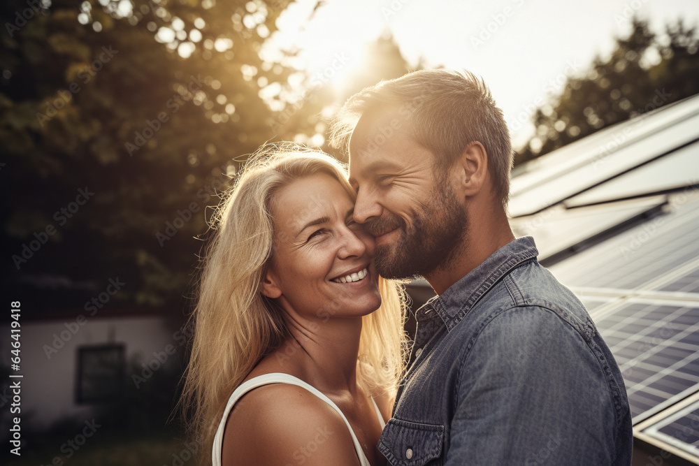 Fototapeta premium couple next to the house with solar panels