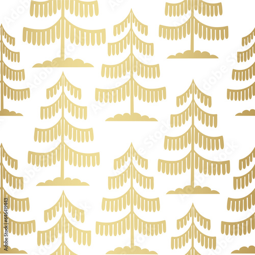 Christmas tree gold seamless pattern. Winter forest graphic Noel print, New year holidays golden decoration, background with fir tree, wallpaper, wrapping paper design, gift wrap.