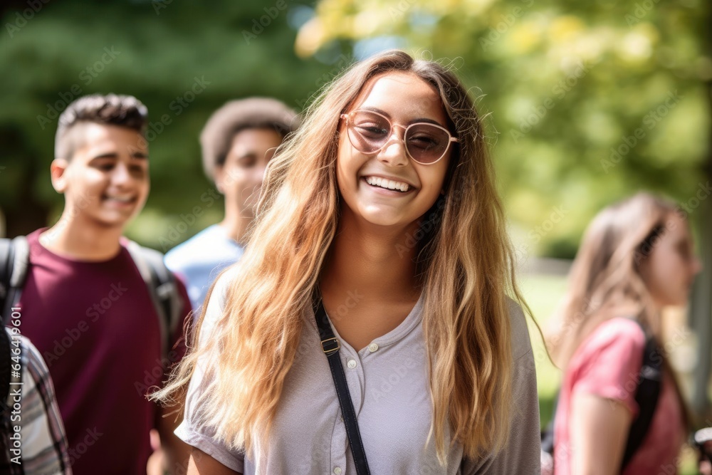 Fototapeta premium smiling student smiling while walking outside with friends