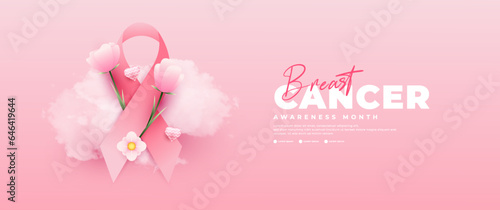 Breast Cancer Awareness Month banner, with pink ribbon, flower and cloud elements