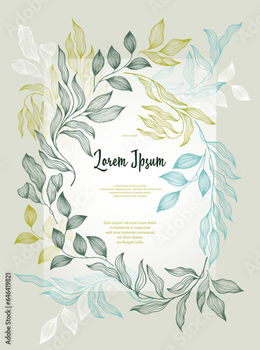 Bay leaves frame vector greeting card template. Rustic card design with laure...