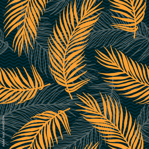 Seamless paradise palm leaves vector pattern. Botanical elements over waves