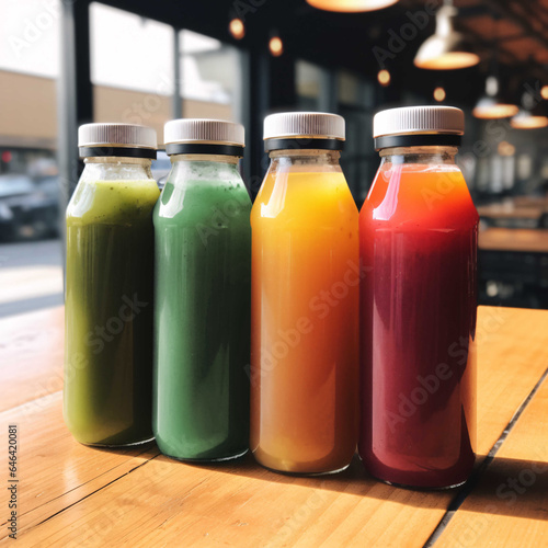 Bottles of fresh vegetable and fruit smoothies in an organic juice bar.