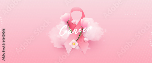 Breast Cancer Awareness Month banner, with pink ribbon, flower and cloud elements