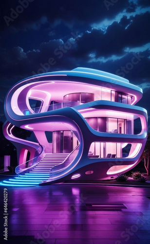 A futuristic house with modern design night scene.