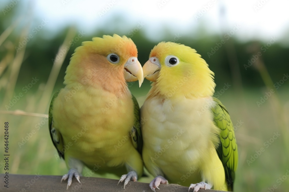 closeup of young lovebirds standing in a field