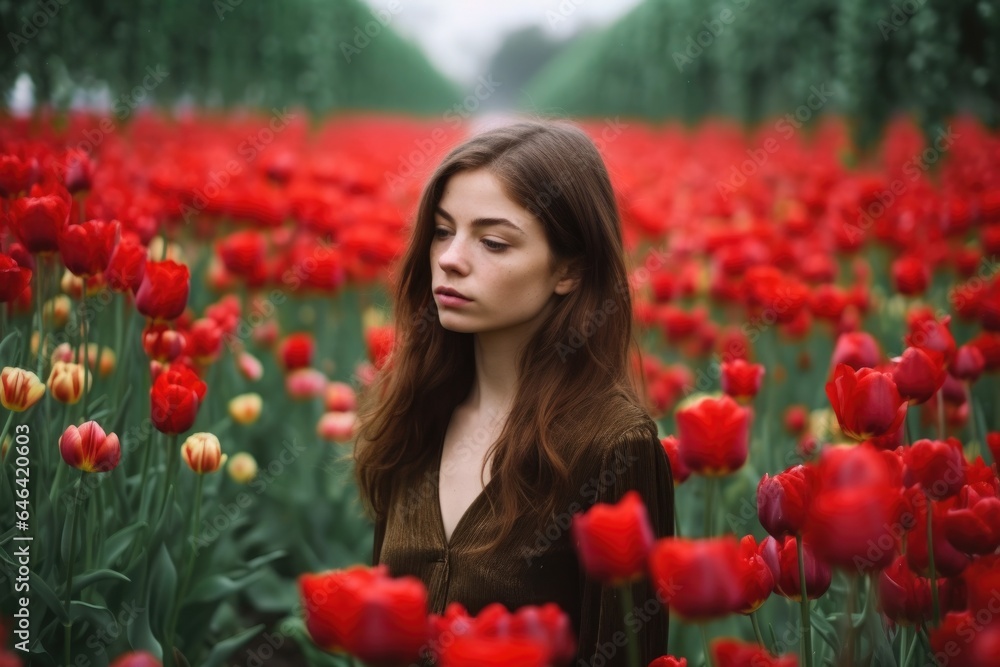 Naklejka premium a young woman standing in a field of red tulips