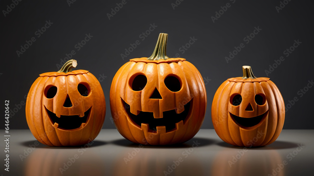 Close-up of three cute smiling different sizes pumpkins on dark background. Funny Jack O Lanterns with varied smiles. Advertising Halloween banner background. Template for social media, website Close-up of three cute smiling different sizes pumpkins on dark background. Funny Jack O Lanterns with varied smiles. Advertising Halloween banner background. Template for social media, website