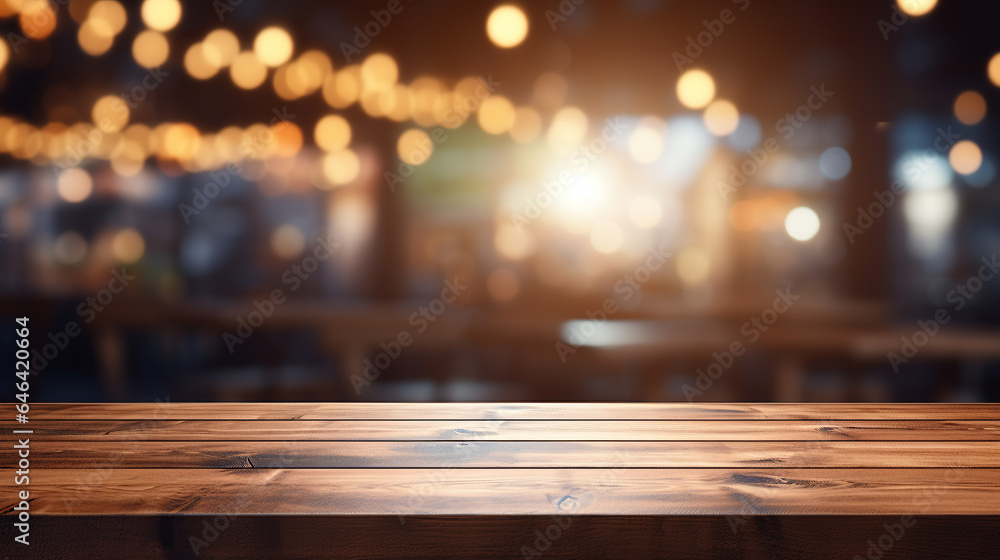 An empty wooden table stands against a lightly blurred background.