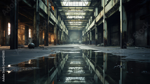 The interior of an abandoned factory is illuminated by bright lights.