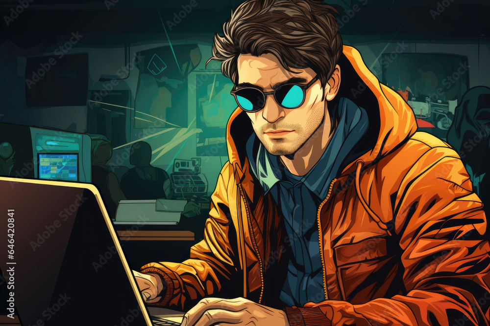 A shadowed hacker engaging in computer hacking, portrayed against a dynamic retro comic pop art background, emphasizing the world of cyber intrigue. A shadowed hacker engaging in computer hacking, portrayed against a dynamic retro comic pop art background, emphasizing the world of cyber intrigue.