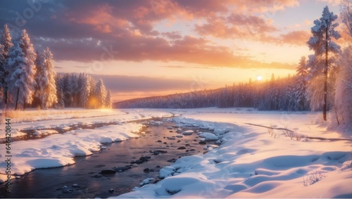 A foozen river in the winter during sunset
